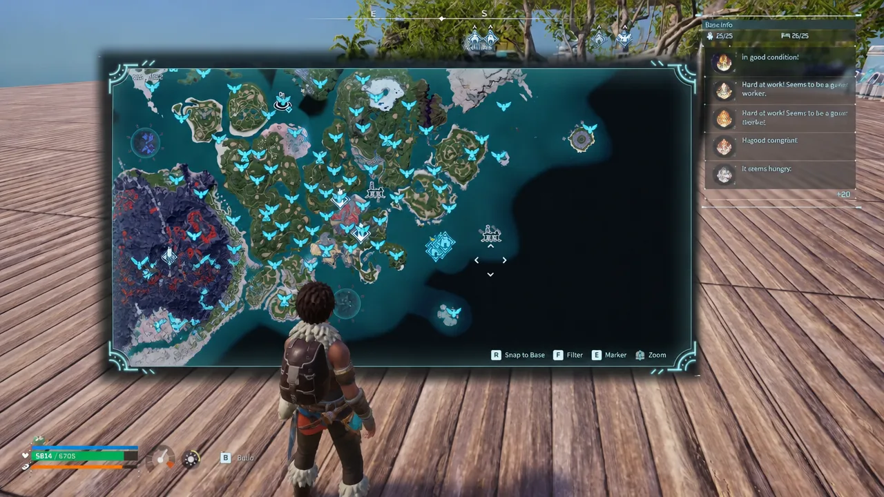 In-game map screen open with the Base Info panel showing base placement on an island