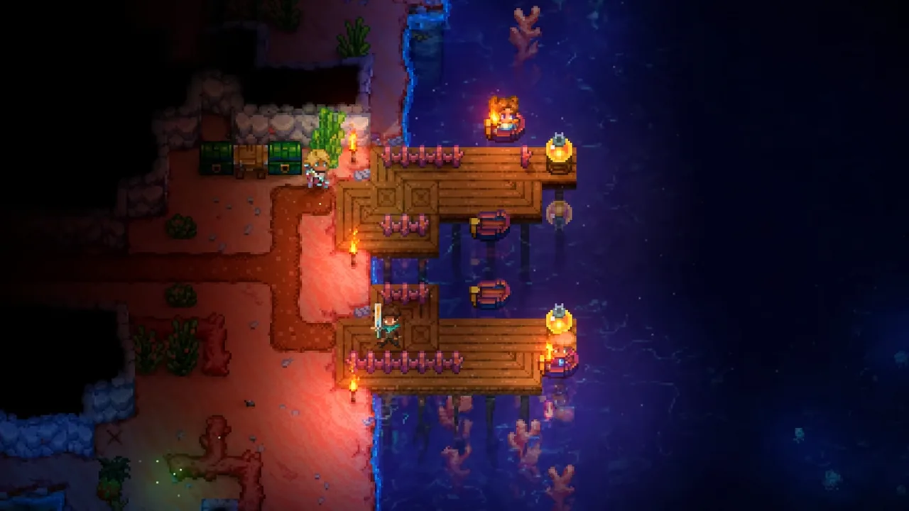 Player standing on a wooden dock lined with chests and torches at the edge of underground water