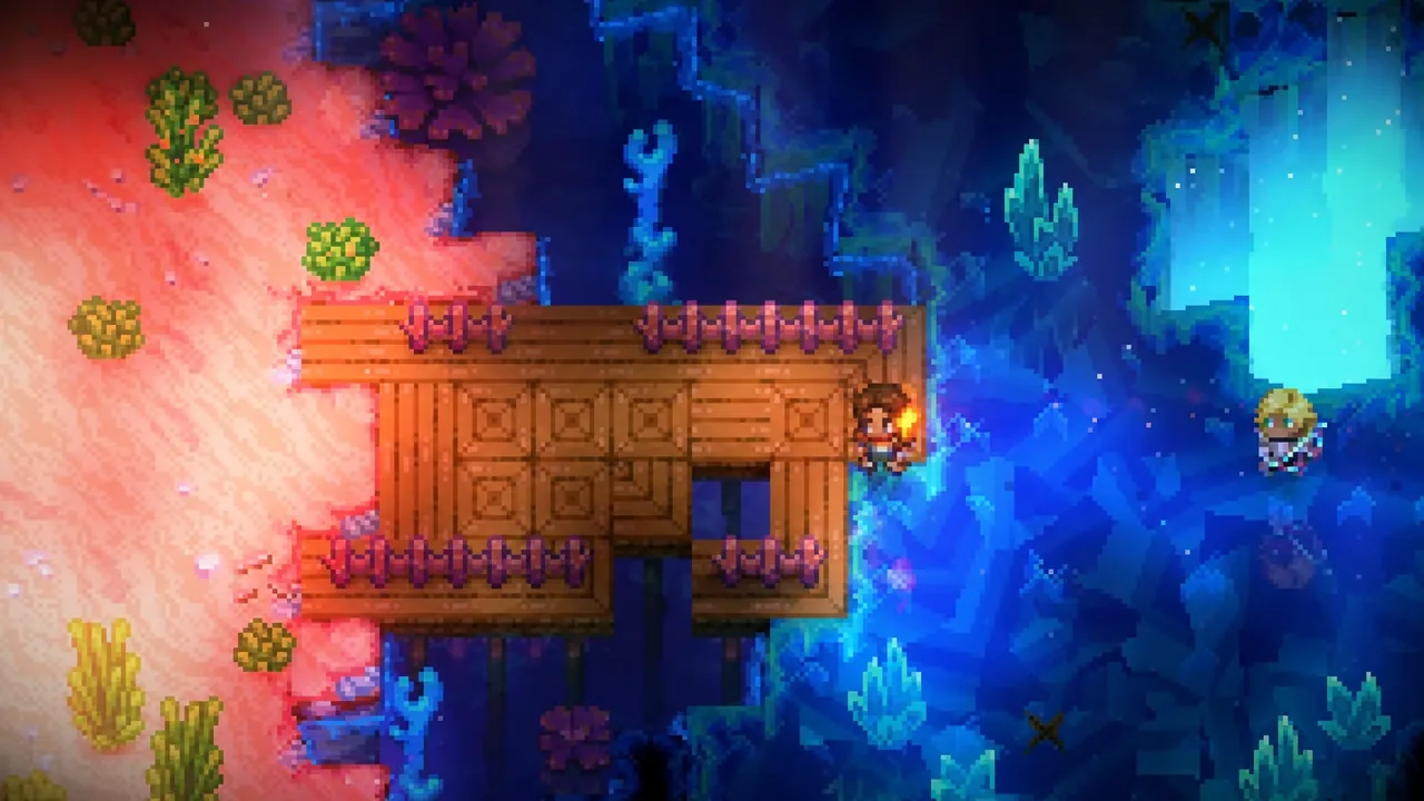 Character moving past a wooden bridge lined with spike traps in a cave passage