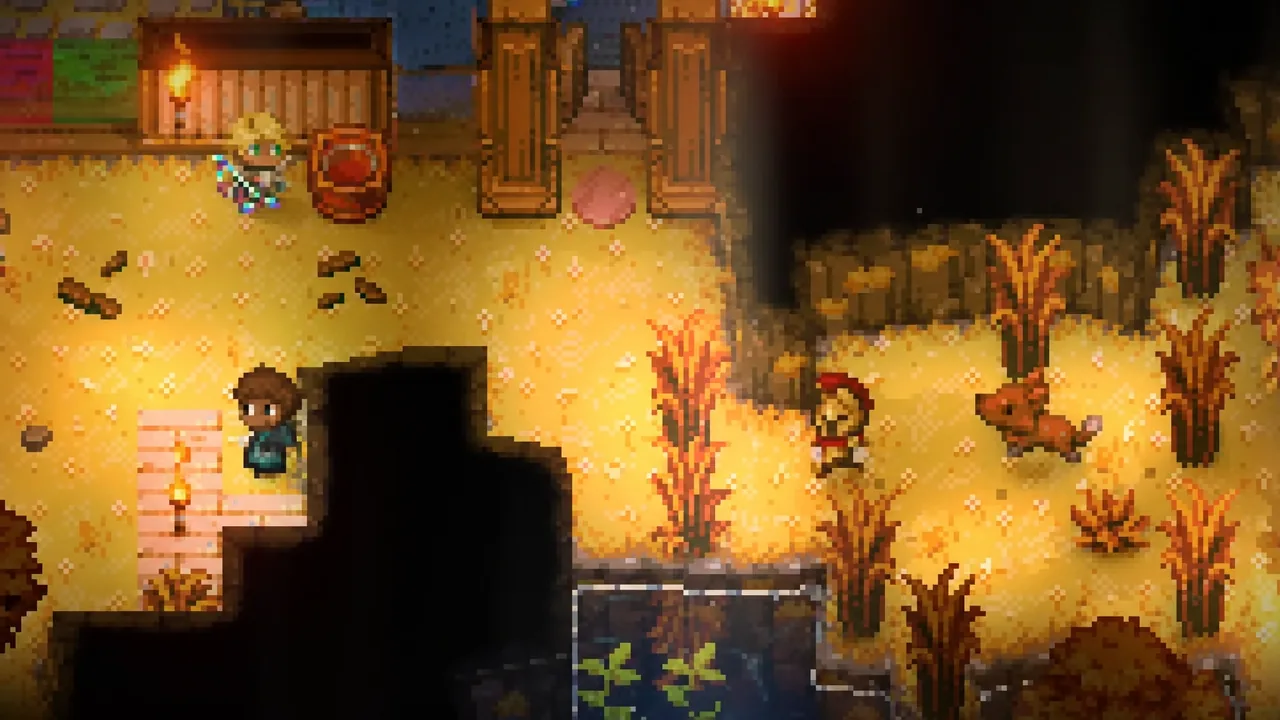 Two characters walking a bright grassy strip beside water with a deer-like animal nearby