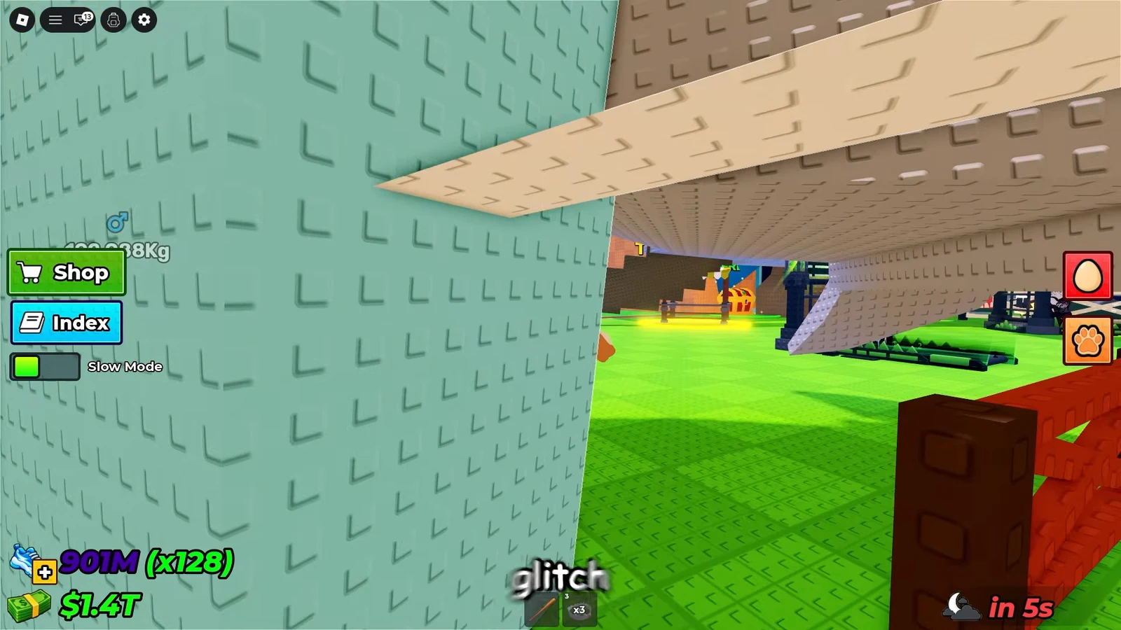 Roblox player moving beneath a large structure with the equipped item shown in the hotbar
