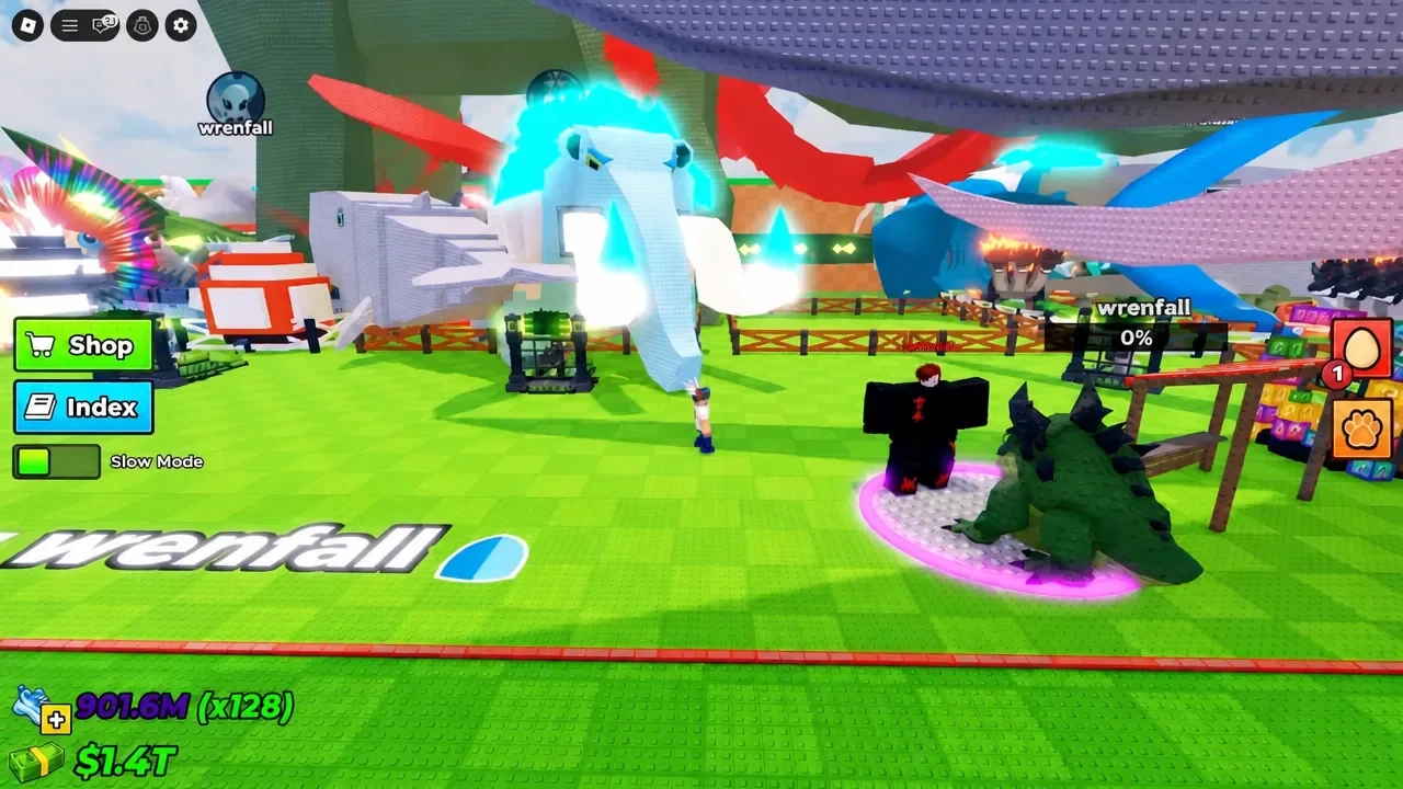 Avatar standing beside a crocodile-like pet with Shop and Index buttons visible