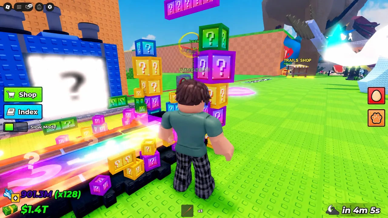 Steal An Egg gameplay with the Shop button visible near colorful question-mark blocks