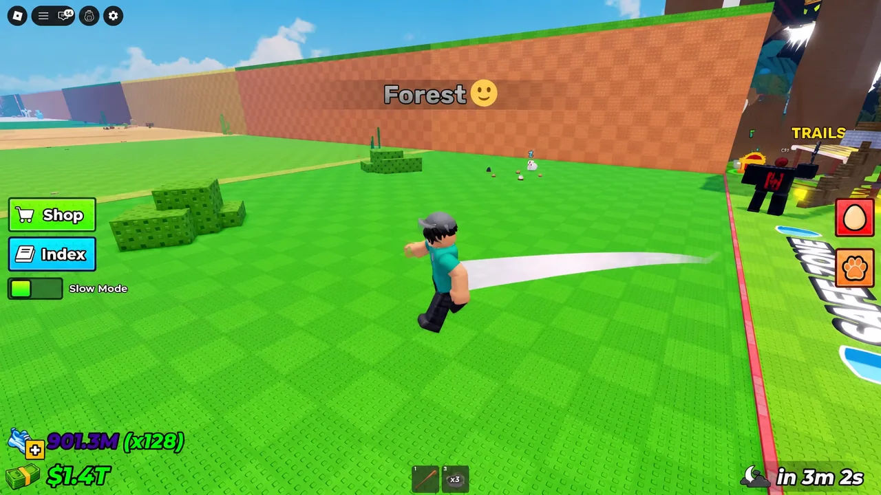 Forest area with the avatar crossing the arena and Shop, Index, and Slow Mode controls on screen