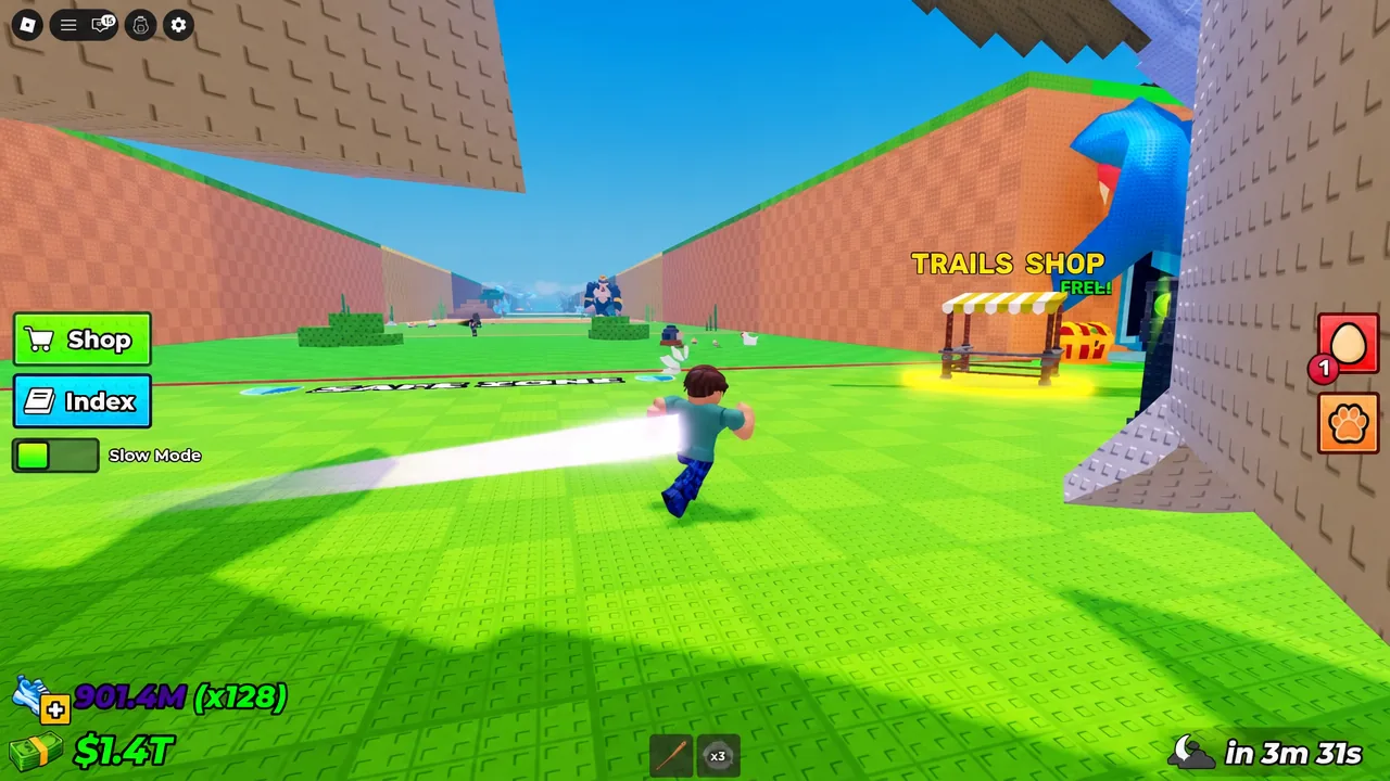 Avatar running toward the highlighted Trails Shop with the Shop button on screen