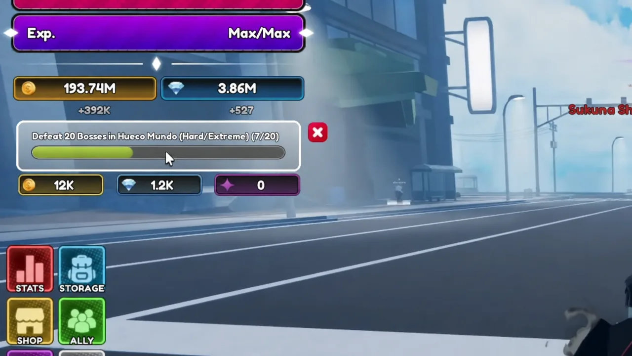 Quest tracker showing 7 of 20 Hueco Mundo bosses defeated on Hard difficulty