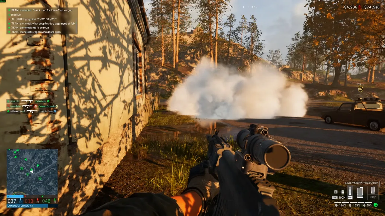 Medic firing across open ground at a helicopter before moving to a downed teammate behind a wall