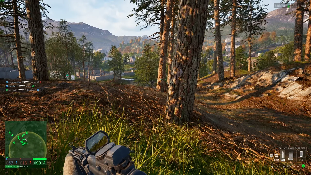 Player surveying a wooded hillside above a town with a rifle shouldered