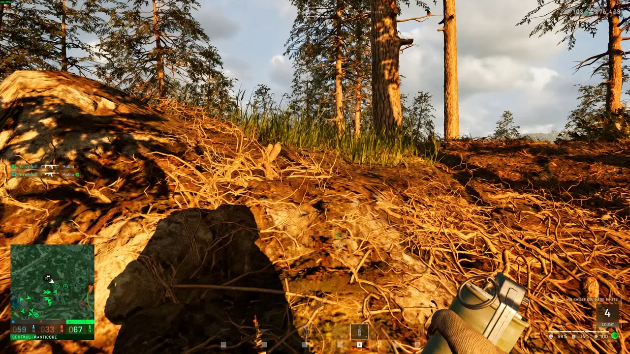 Grenade equipped in hand while aiming across wooded terrain toward an enemy position