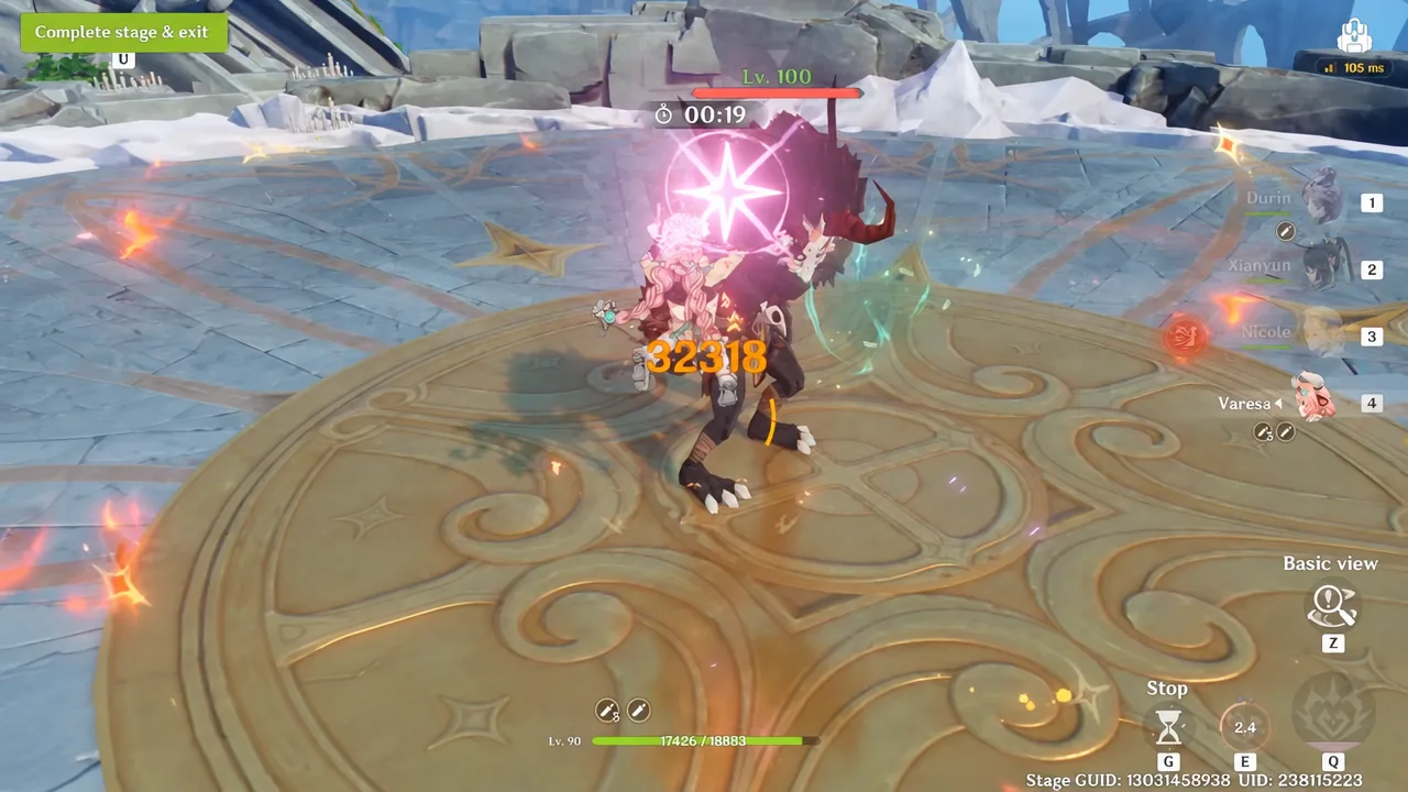 Combat overlay showing the level 100 enemy and stage exit prompt during the damage test