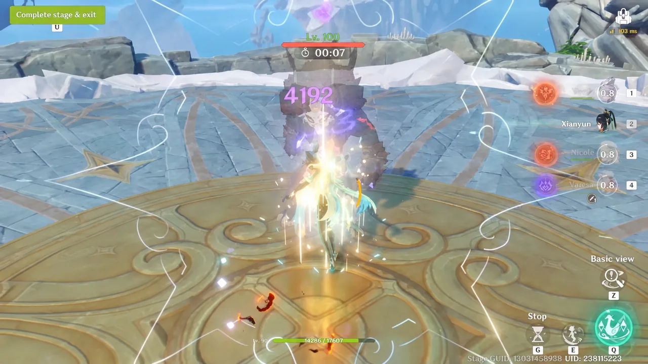 Second combat test against a level 100 enemy with the stage completion button visible