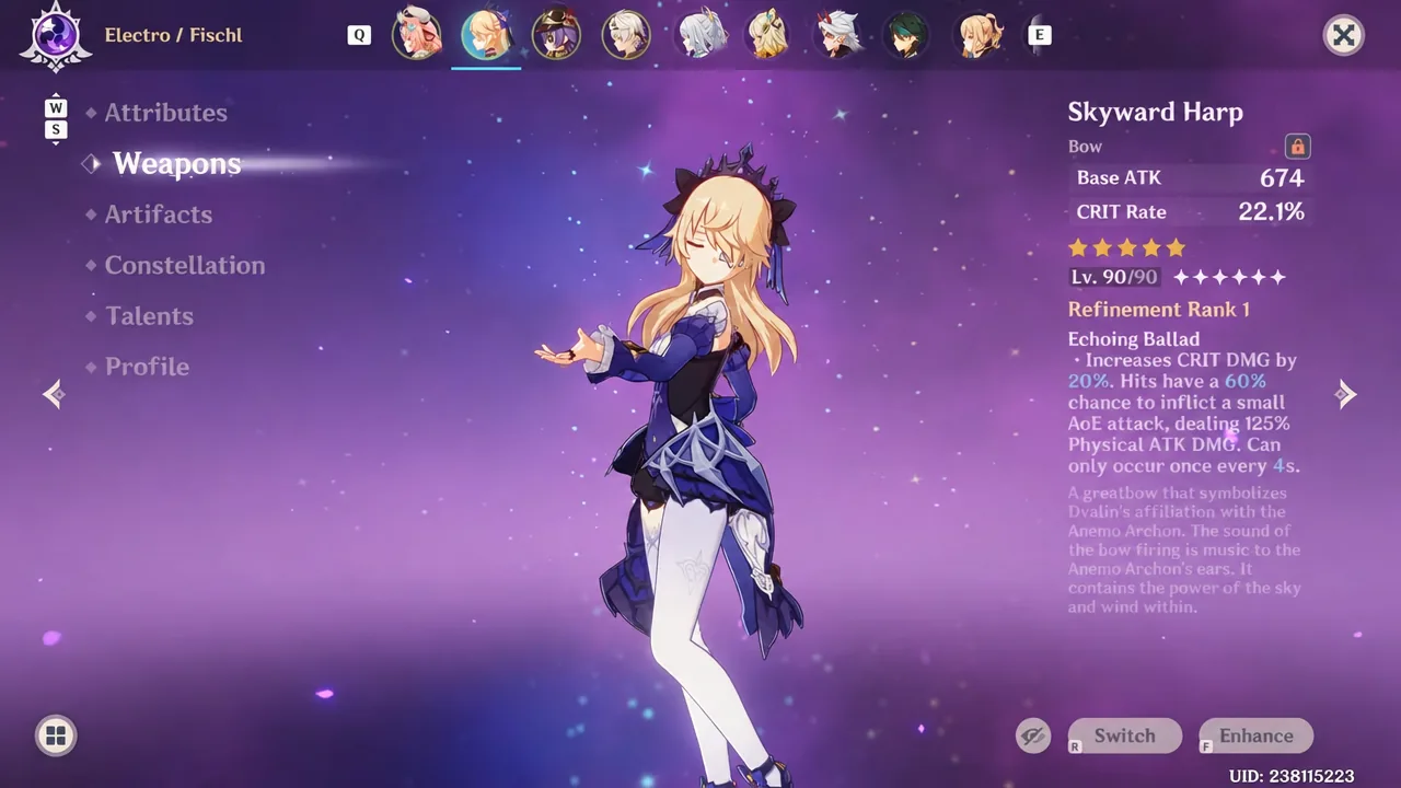 Weapon detail screen showing Skyward Harp equipped on Fischl in the four-star support team