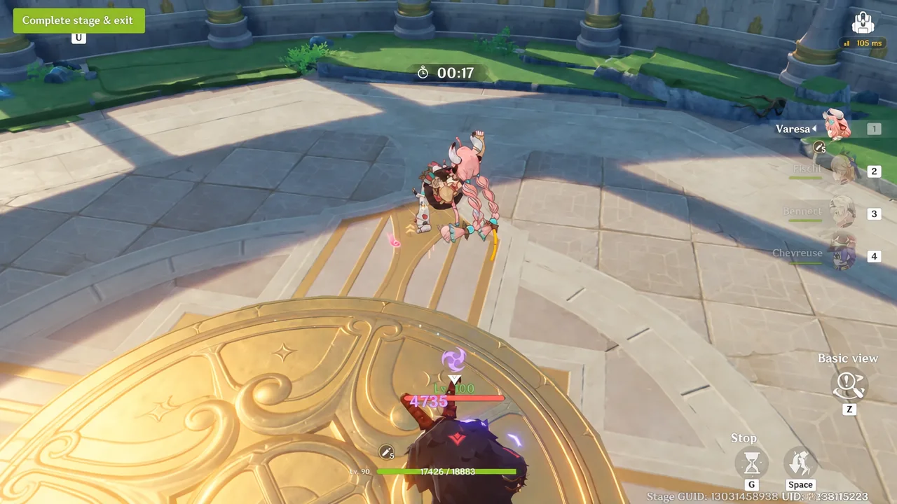 Varesa mid-fight in a timed combat stage with the Complete stage and exit prompt on screen