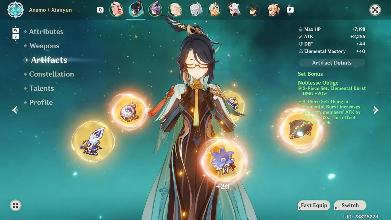 Artifacts tab open on Xianyun showing her equipped pieces and the Noblesse Oblige set bonus
