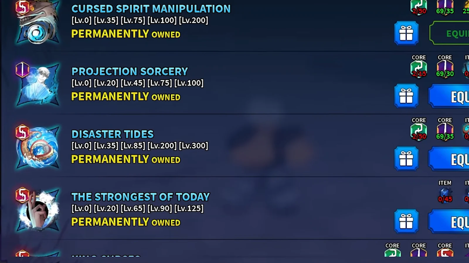 Inventory screen listing permanently owned cursed techniques with Equip buttons beside each entry