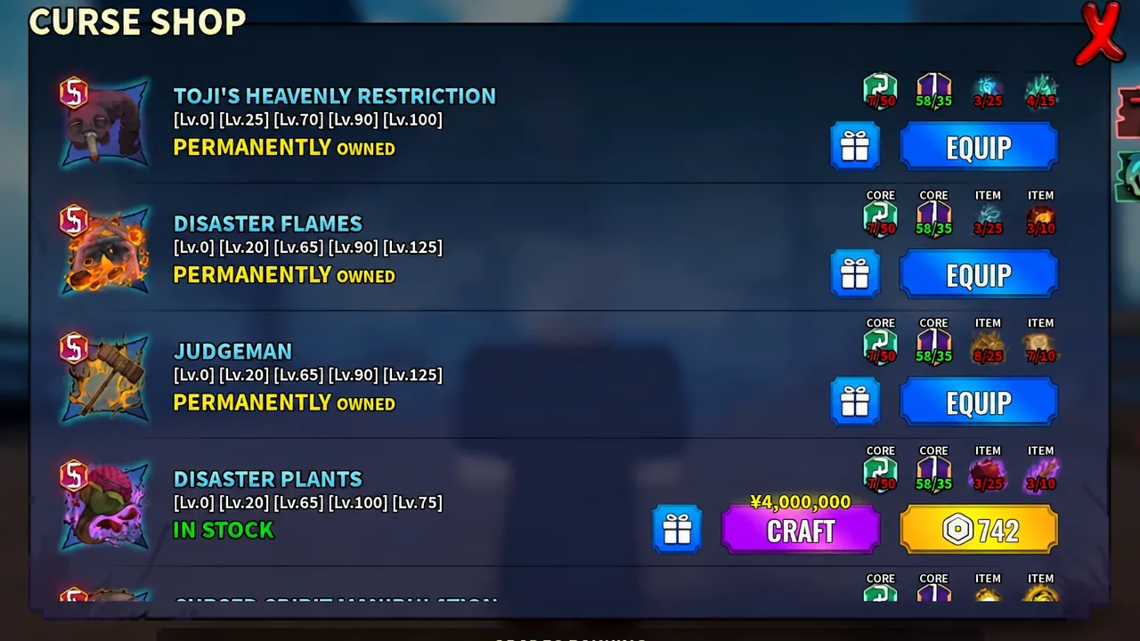 Curse Shop menu with Disaster Plants highlighted and its Craft button ready