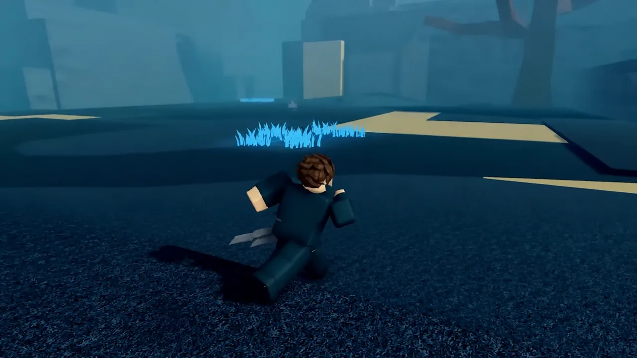 Player character sprinting through a dark blue area toward glowing grass and a lit doorway