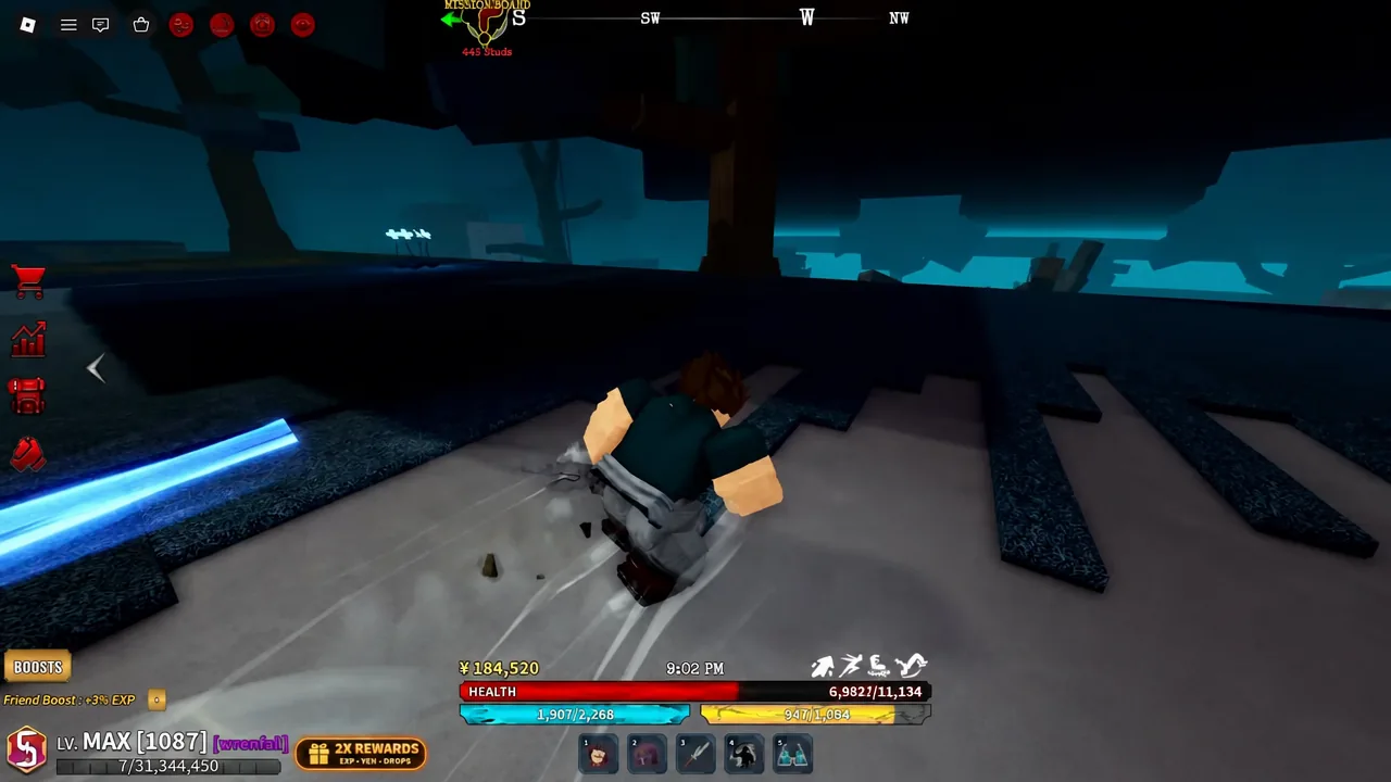Gameplay view with the Mission Board indicator on screen while the character slides forward