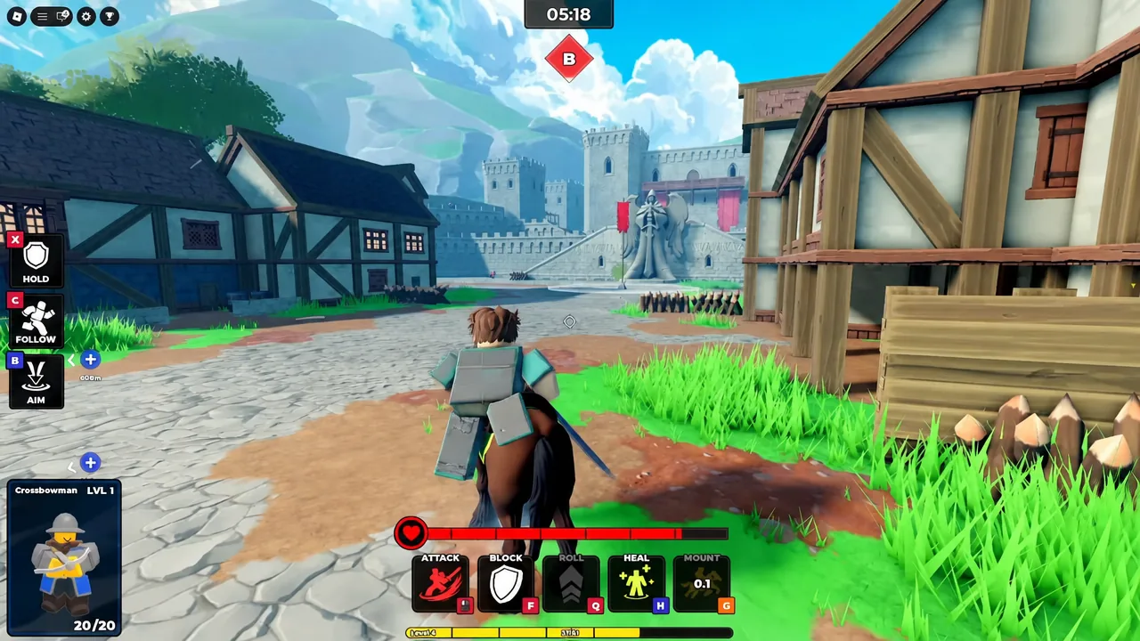 Objective B highlighted while a Crossbowman LVL 1 advances with attack, block, roll, heal and mount buttons on screen