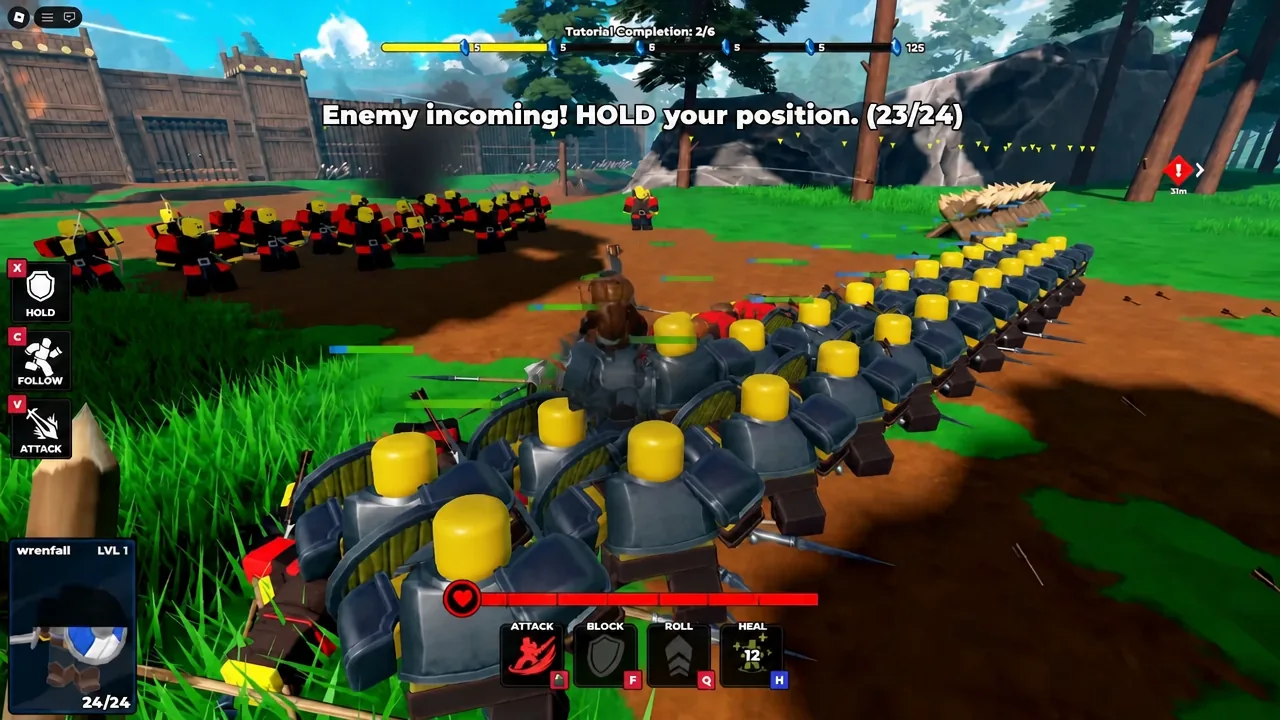 Tutorial battlefield with the HOLD command selected and an objective to hold position against incoming enemies