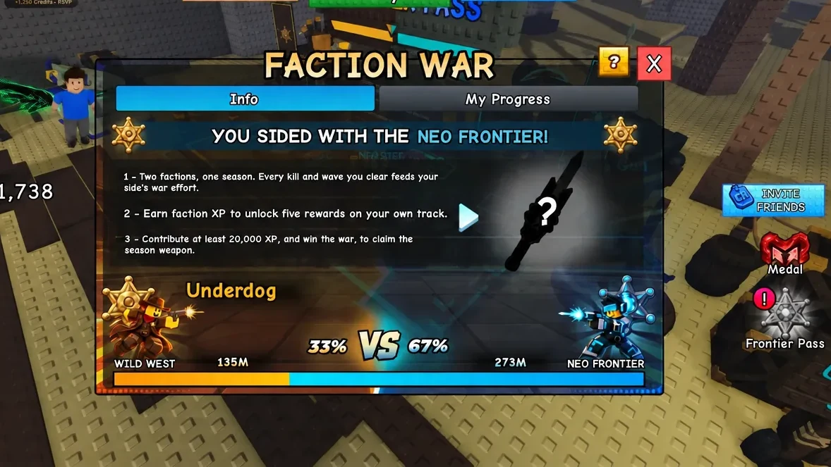 Faction War Info tab confirming the Neo Frontier pick with the current war split
