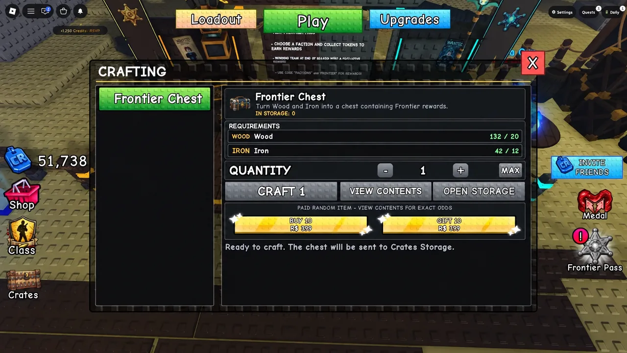Crafting screen with Frontier Chest selected and the Craft 1 button ready