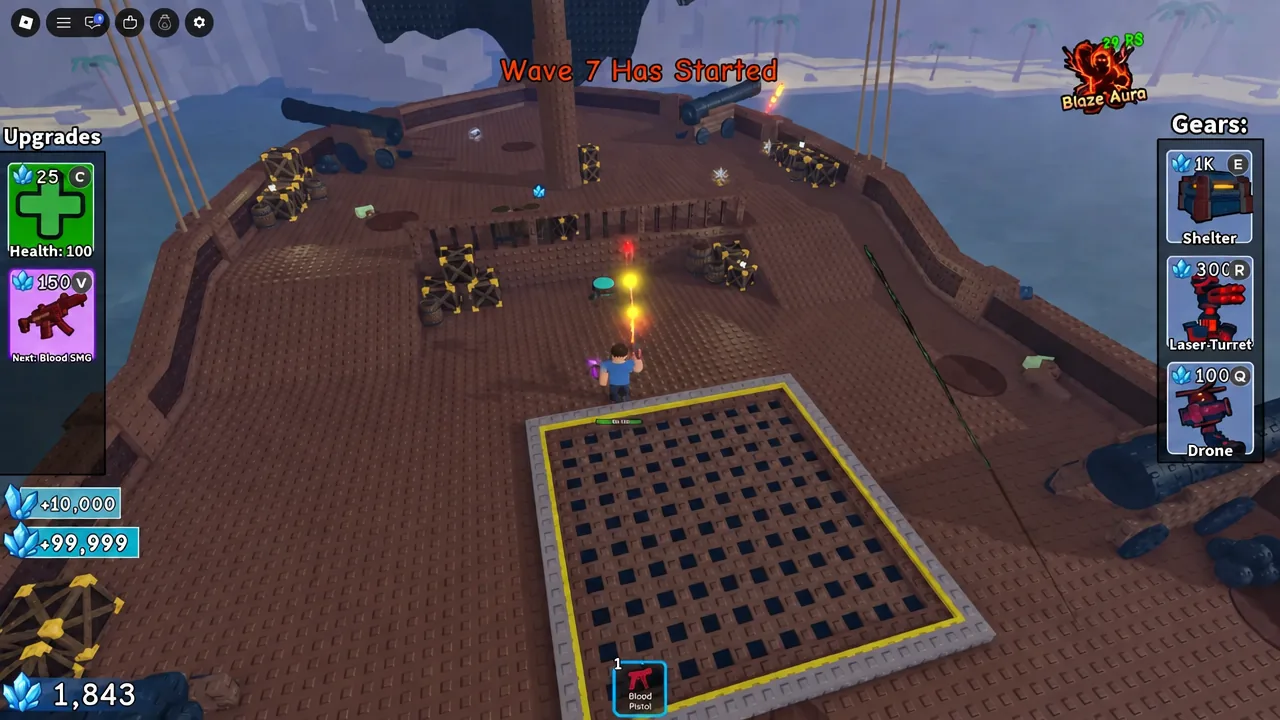 Wave 7 Has Started banner while the Blood Pistol fires from a yellow-bordered platform