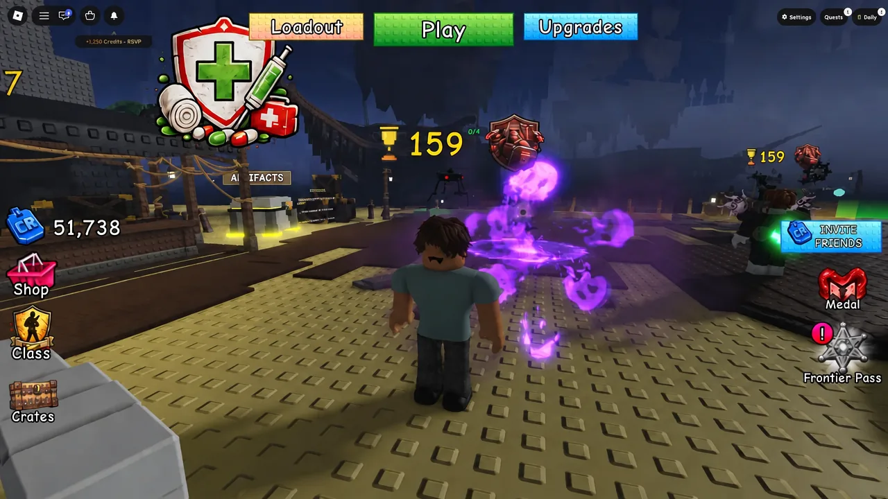Player avatar standing in the Survive Zombie Arena hub near a purple effect