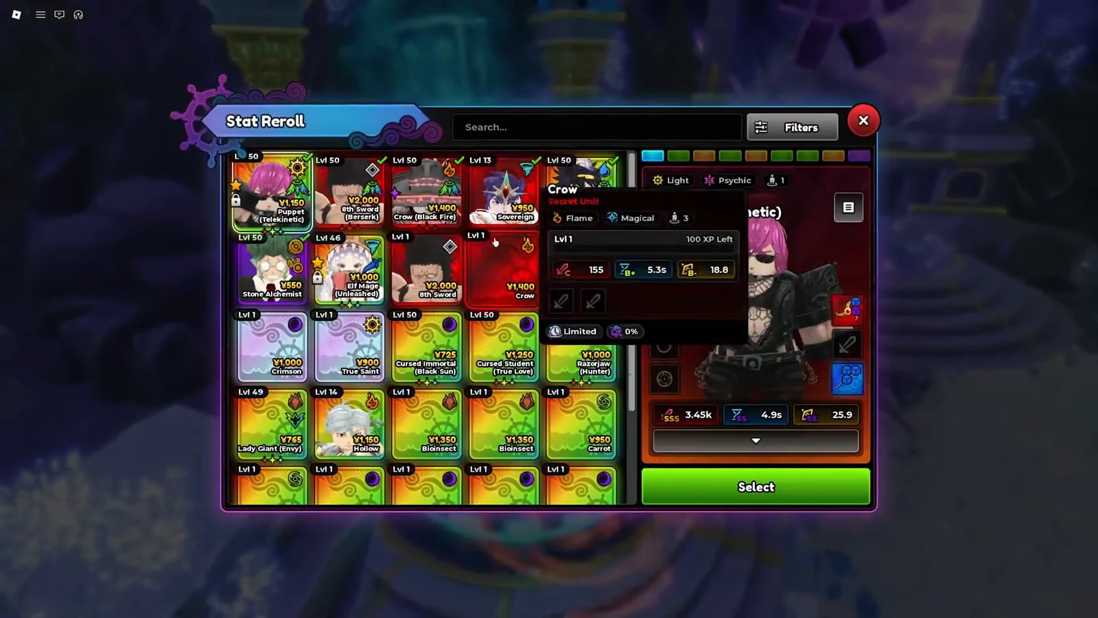 Stat Reroll screen showing a selected unit's details with the green Select button ready