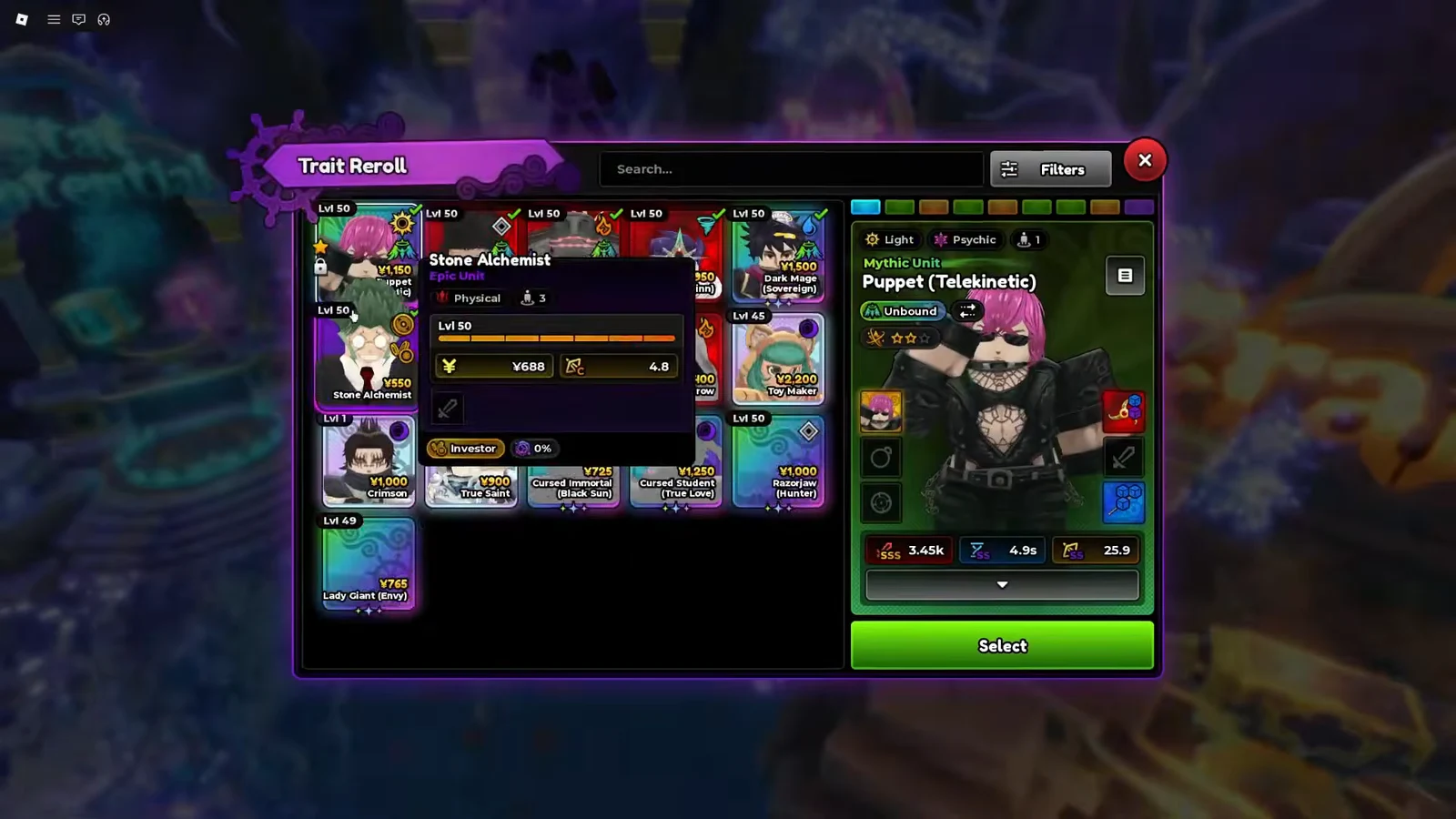 Trait Reroll screen with a Mythic unit selected and the Select button ready to confirm