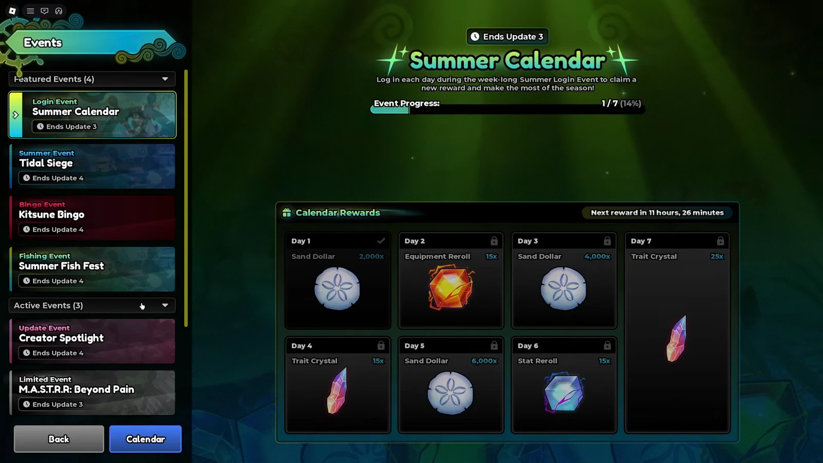 Summer Calendar event screen with Day 1 reward claimed and later days still locked at 1/7 progress