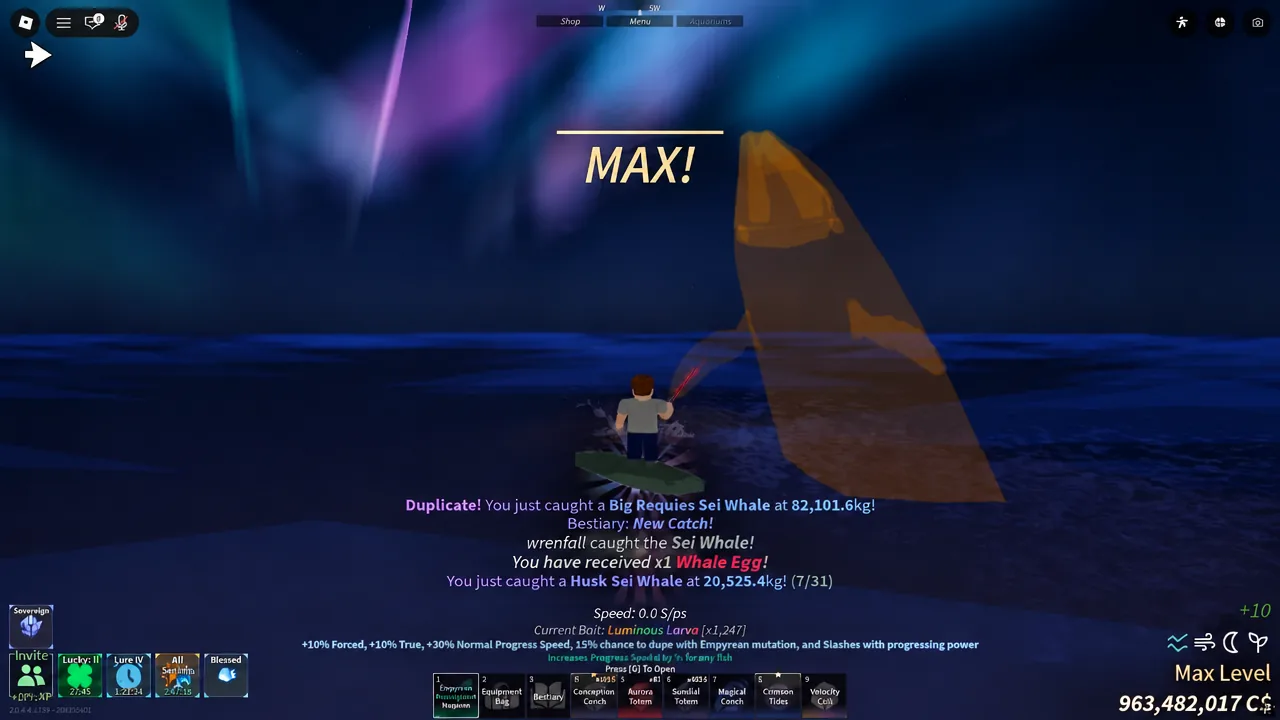 Empyrean enchantment details in Fisch showing its progress speed and duplication stats