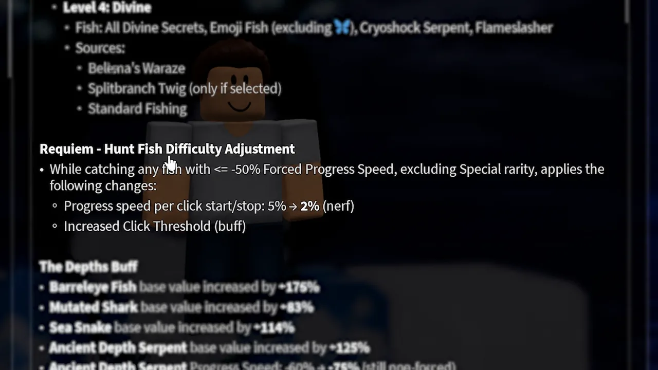 Hunt Fish Difficulty Adjustment panel in Fisch describing the Requiem's altered progress speed