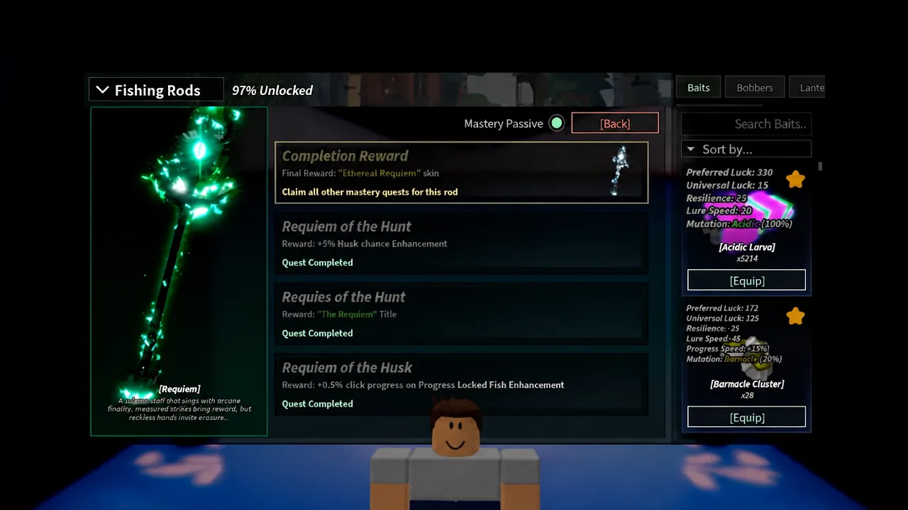 Fishing Rods menu in Fisch listing the Requiem's completed mastery quests and completion reward