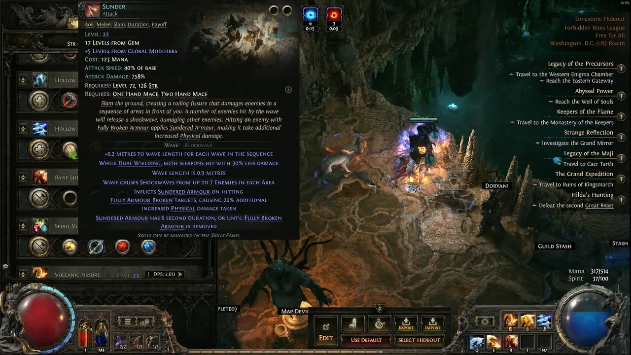 Skills panel open with Sunder selected and its attack tooltip displayed
