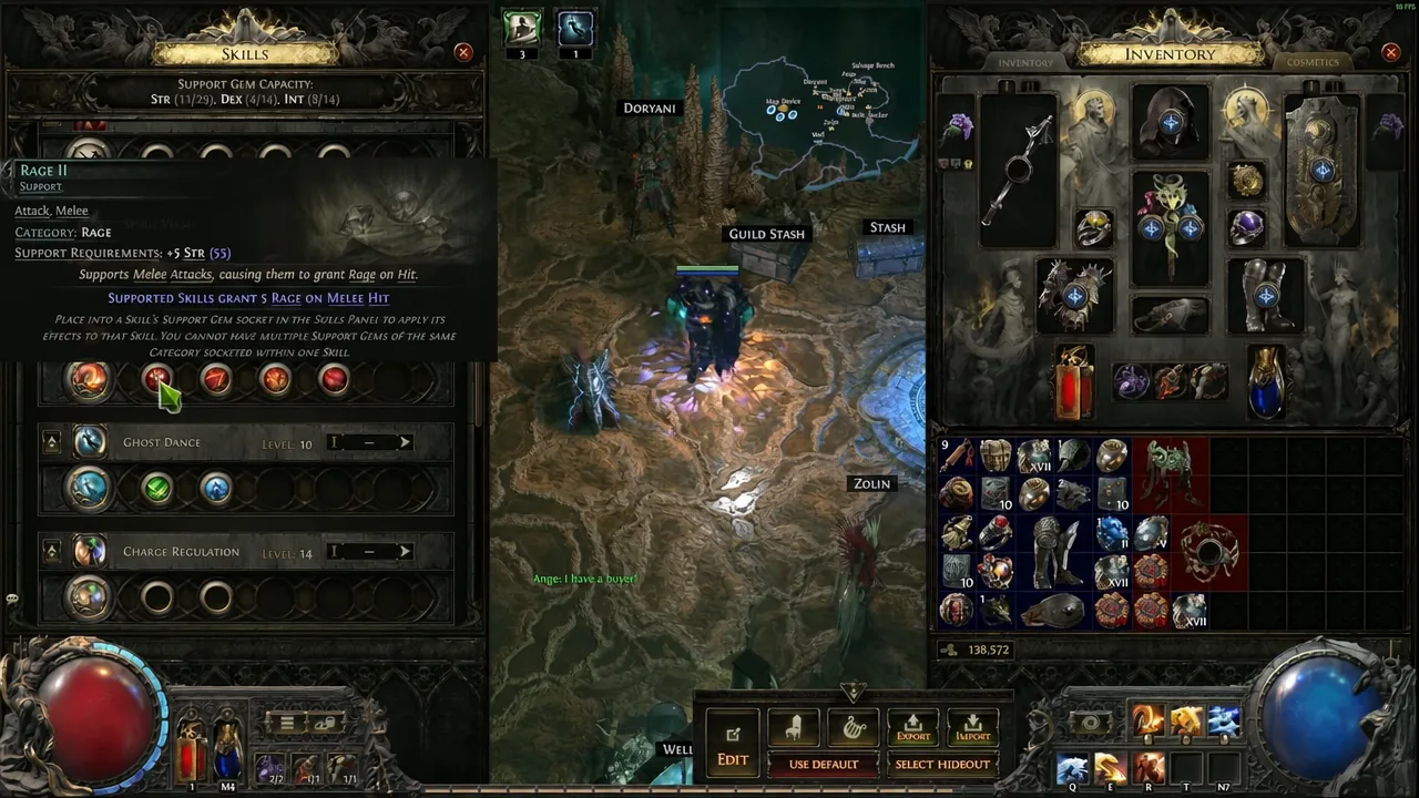 Rage II support gem highlighted on the Skills screen with its tooltip open beside the inventory