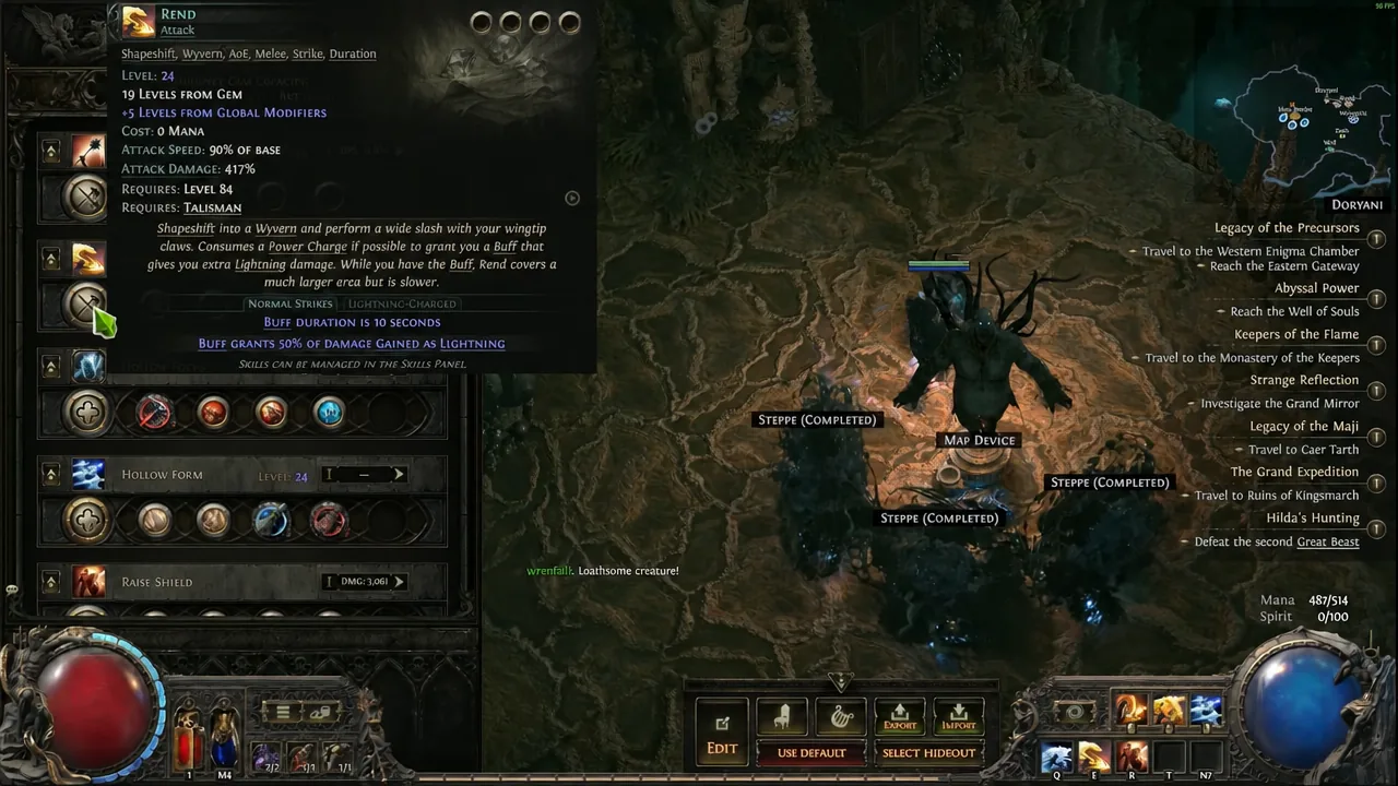 Rend highlighted in the Skills panel with its tooltip visible under the cursor