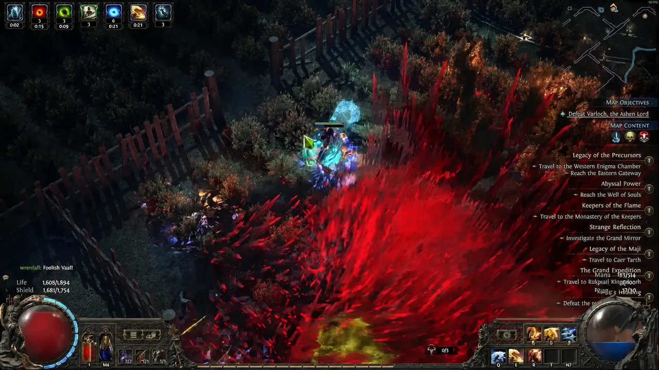Map objectives panel listing Varloch, the Ashen Lord during a fight surrounded by a red ground effect