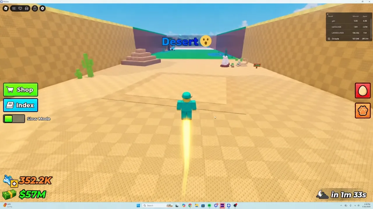 Desert zone in Steal An Egg with the avatar running forward and Slow Mode enabled