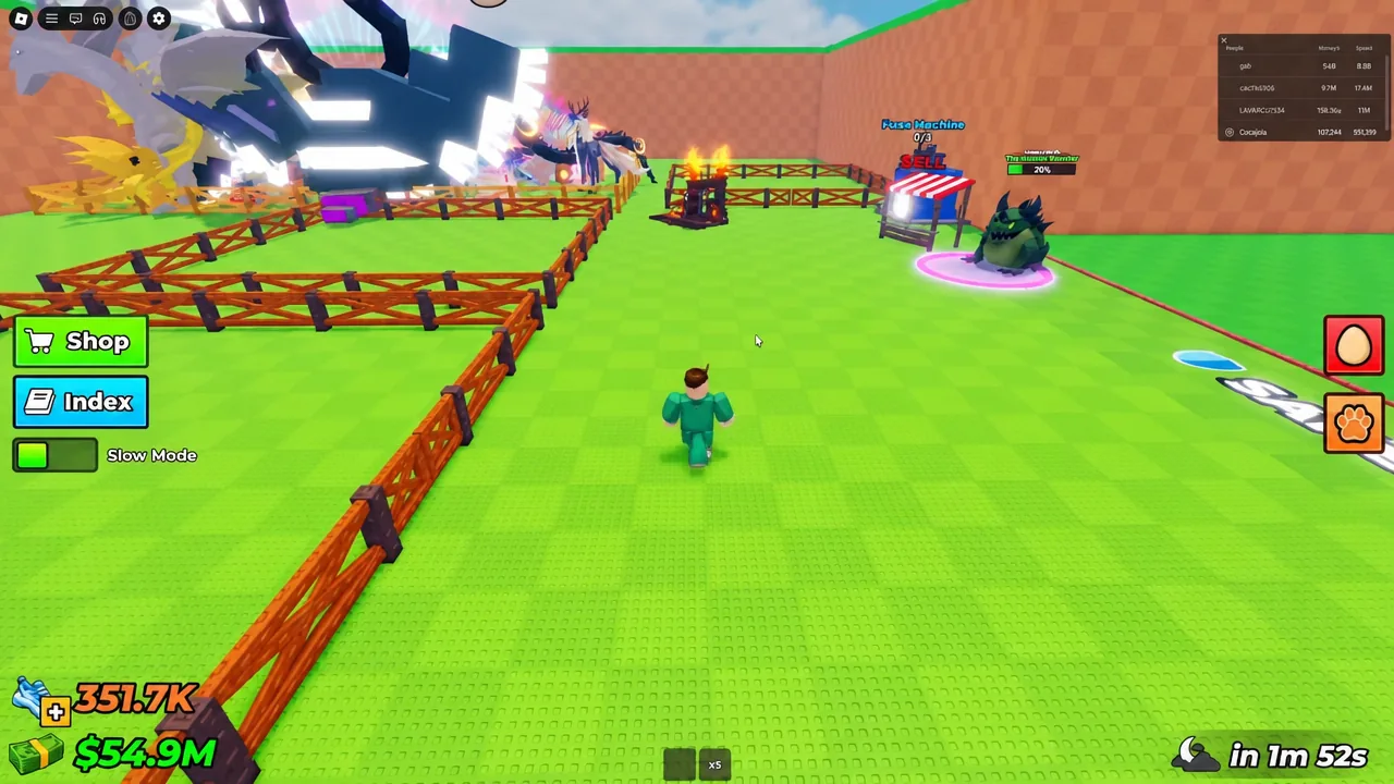 Base pen area in Steal An Egg with the Shop button visible as the avatar moves inside the fence