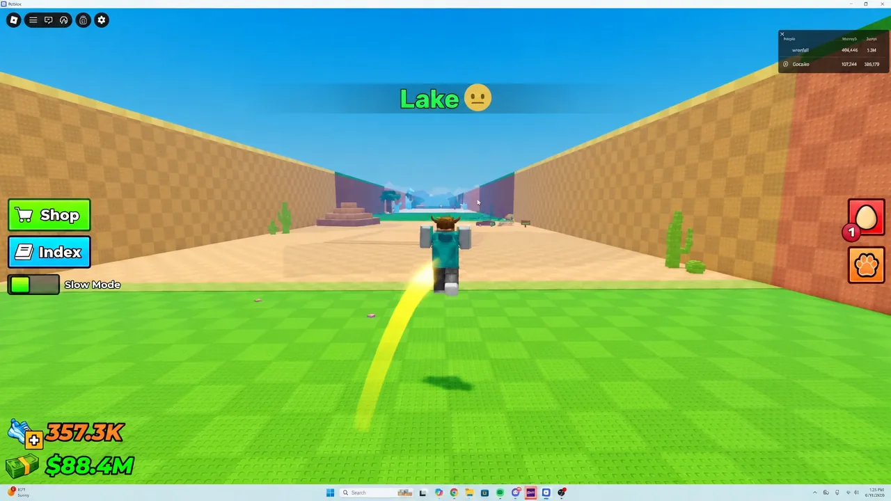 Avatar sprinting back through the Lake section of the course carrying a stolen egg