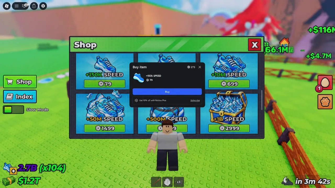 The Shop purchase dialog for the +150K SPEED pack with the Buy button showing