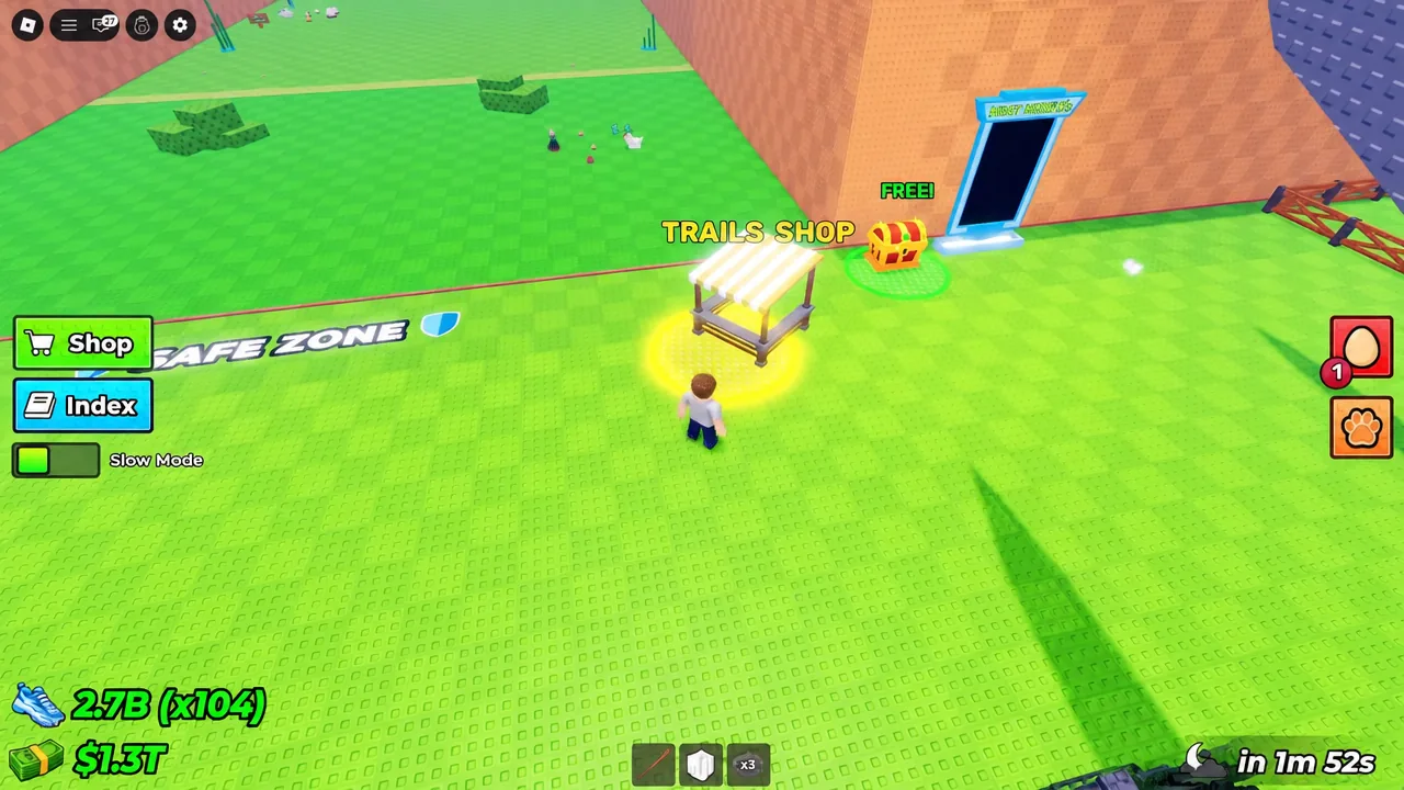 The Trails Shop stall highlighted as the player walks up to it