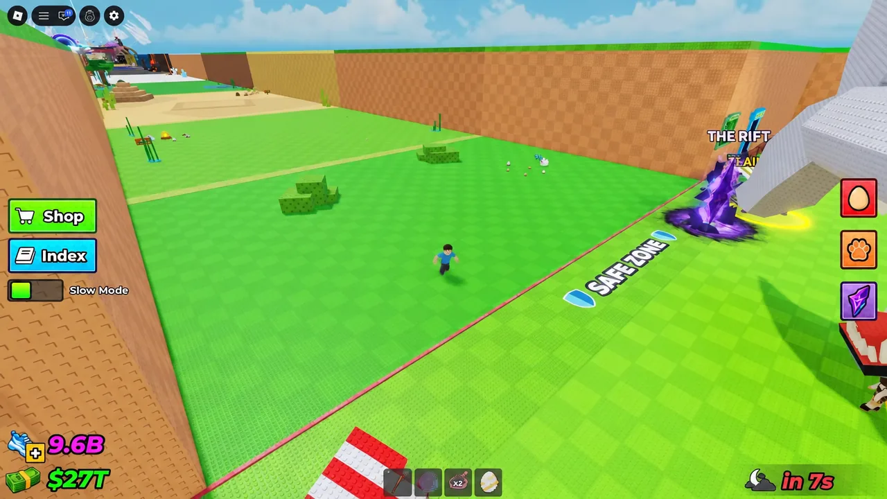 Avatar standing inside the SAFE ZONE area with the purple Rift button on screen