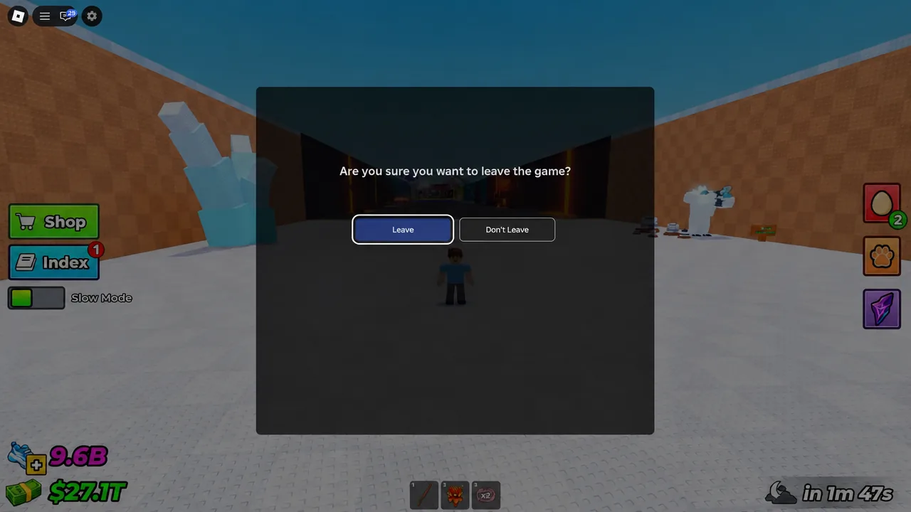 Roblox leave-game confirmation dialog with the Leave button highlighted
