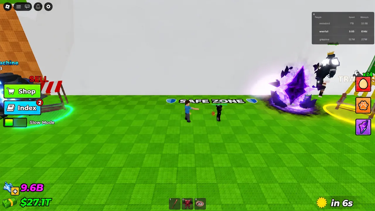 The People scoreboard open at the Safe Zone, listing player speed and money per second