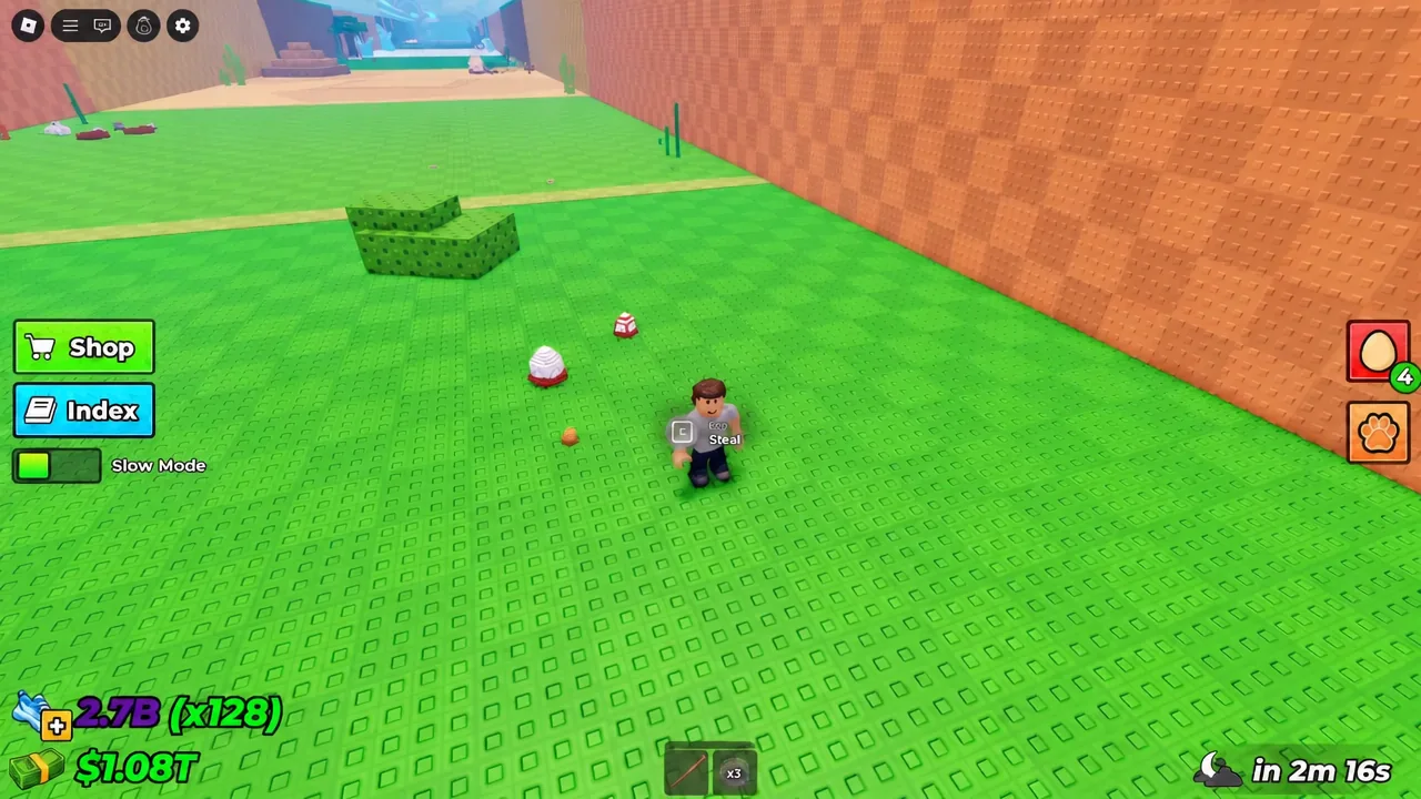 The E Steal prompt highlighted on screen as the player closes in on an egg