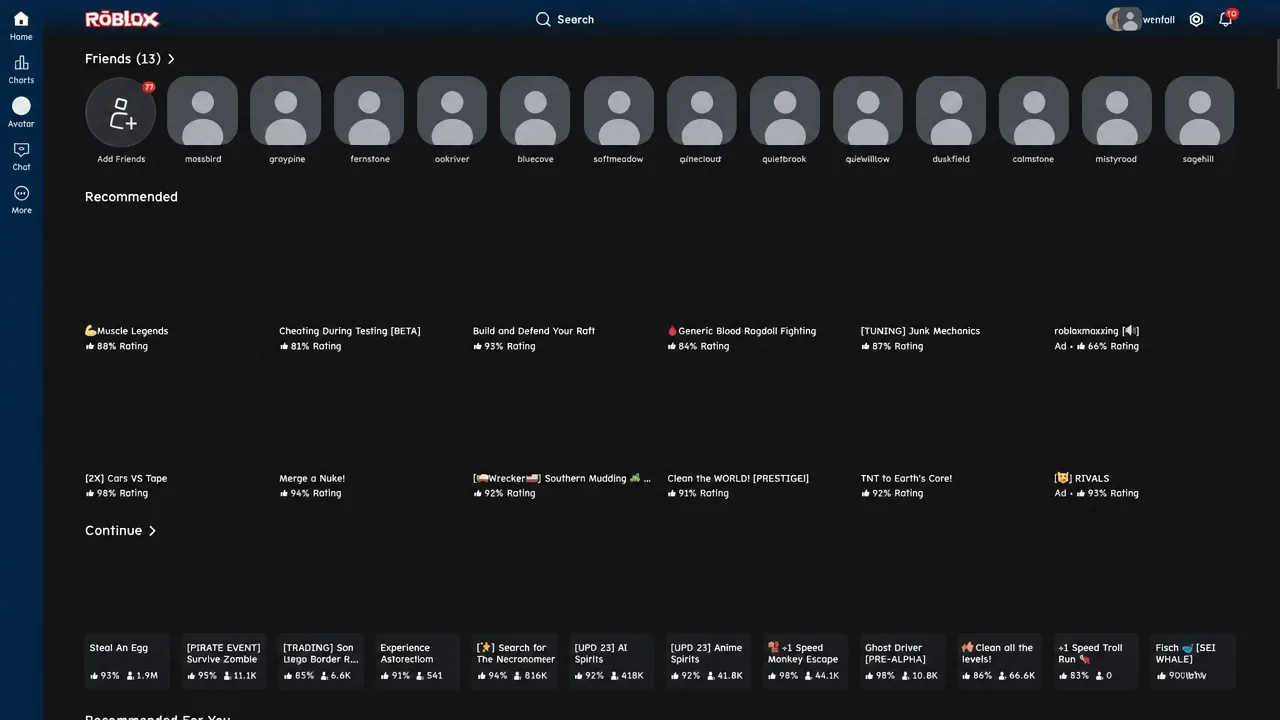 Roblox friends list open with the Add Friends button and recommended games while navigating back to the game page