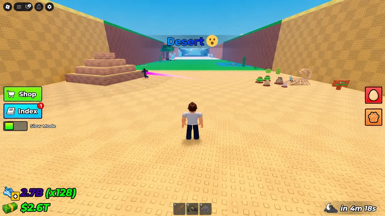 Player running through the Desert arena with the Shop button and Index tab on the left of the screen