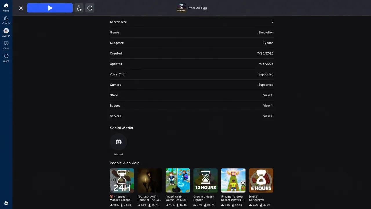 Steal An Egg experience page with the blue Play button ready to launch a chosen server
